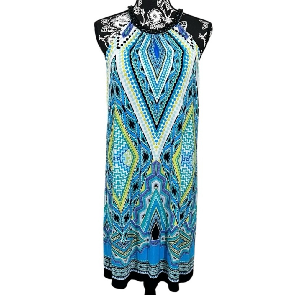 MSK Blue and Green Geometric Midi Dress